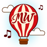 Music Wandering red hot air balloon logo with clouds and music notes