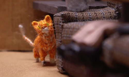 stop-motion image of knitted orange cat